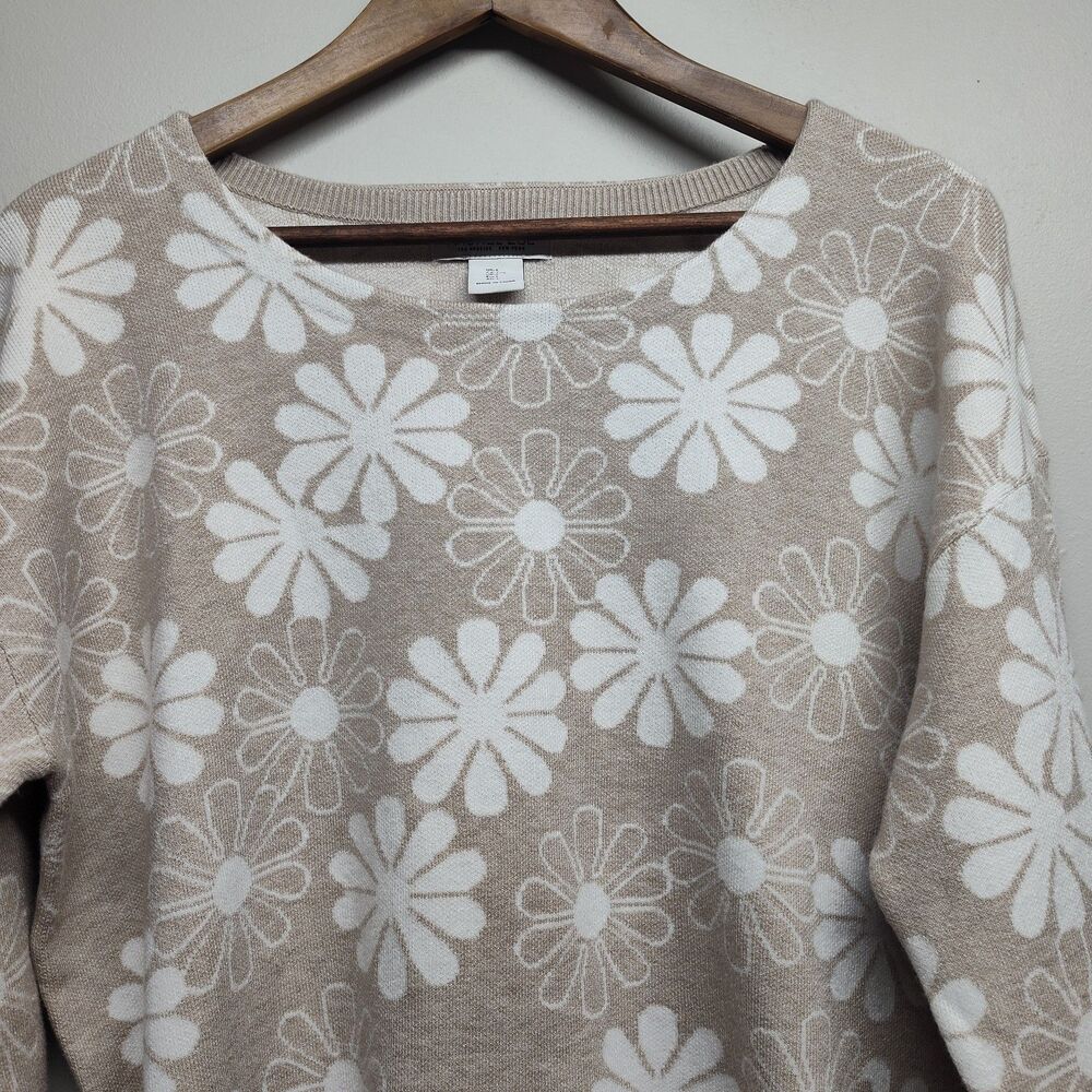 Rachel Zoe Sweater Women L Tan White Floral Retro Hippie Spring Casual Feminine - Picture 2 of 8